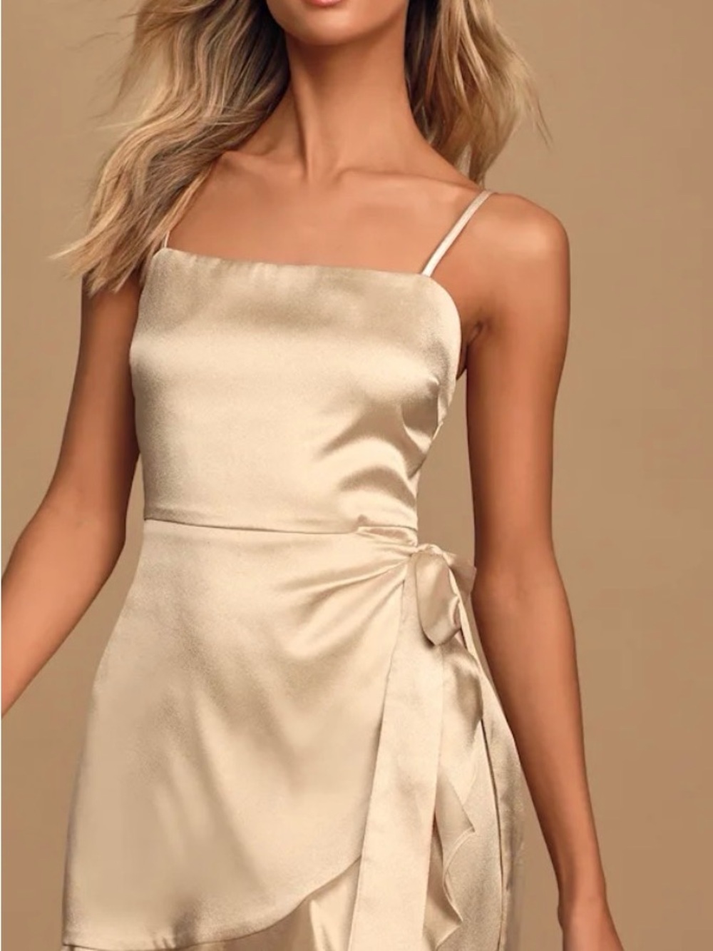 Cotton Candy Strapless Satin Wrap Dress in Champagne Gold